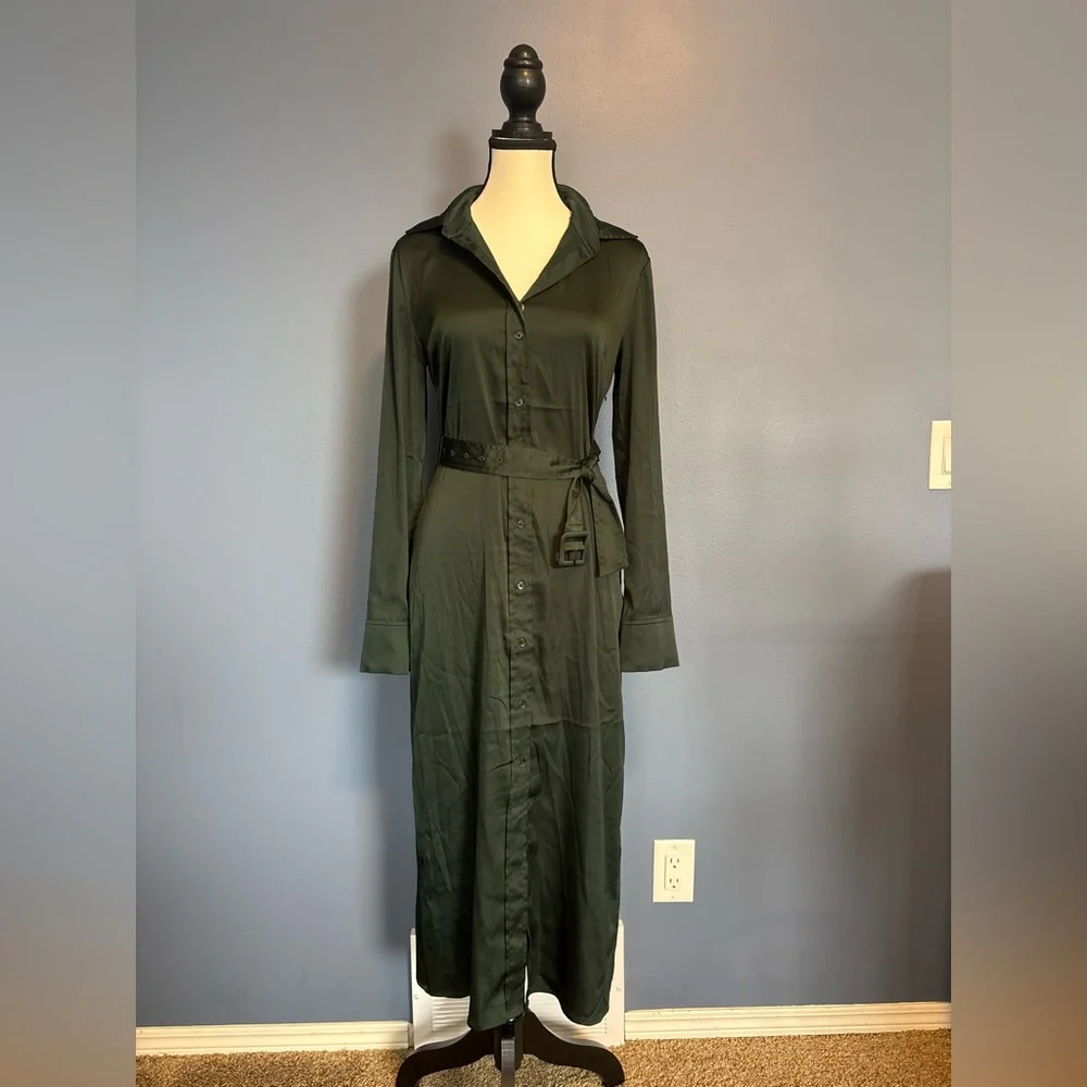 Aritzia Babaton Forest Green Button-Up Midi Dress w/ Belt size 2 - Picture 2 of 11